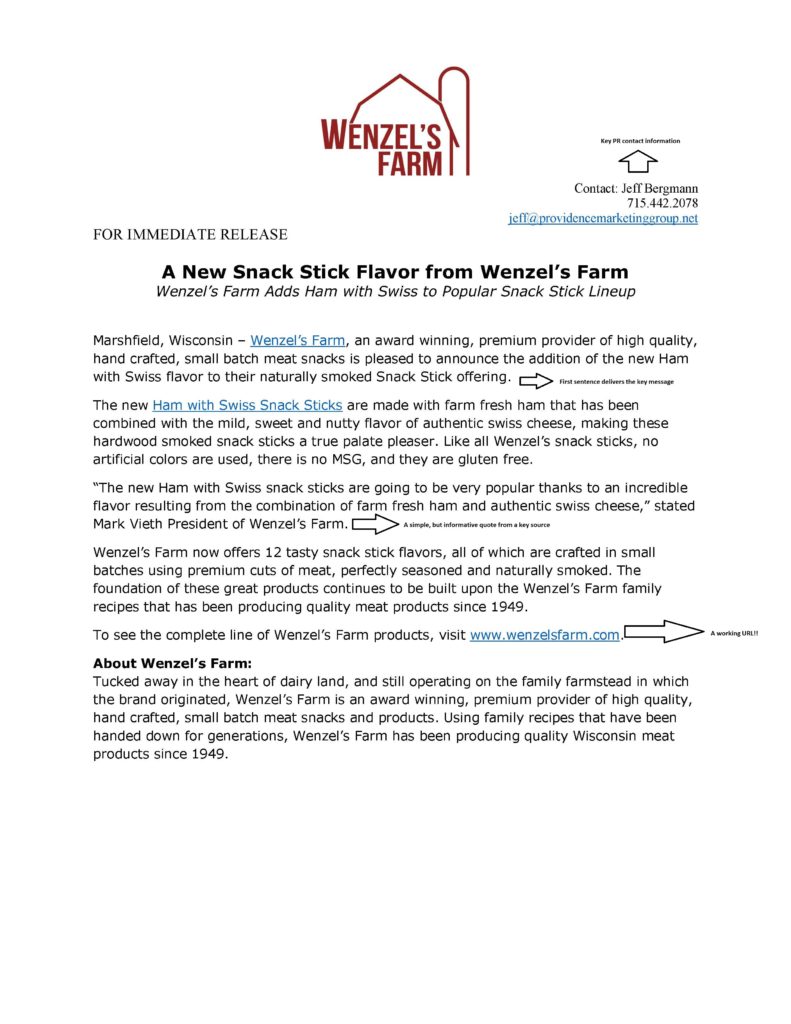 Wenzel's Farm Ham and Swiss Press Release with key notes